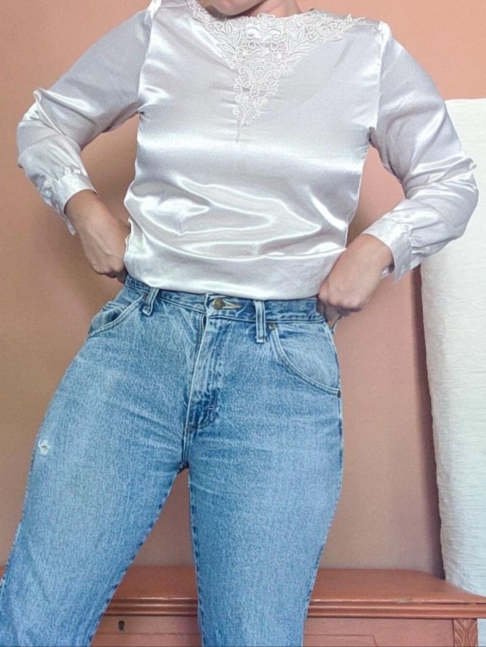 Vintage 1980s Off White Satiny Blouse with Lace Neckline Applique